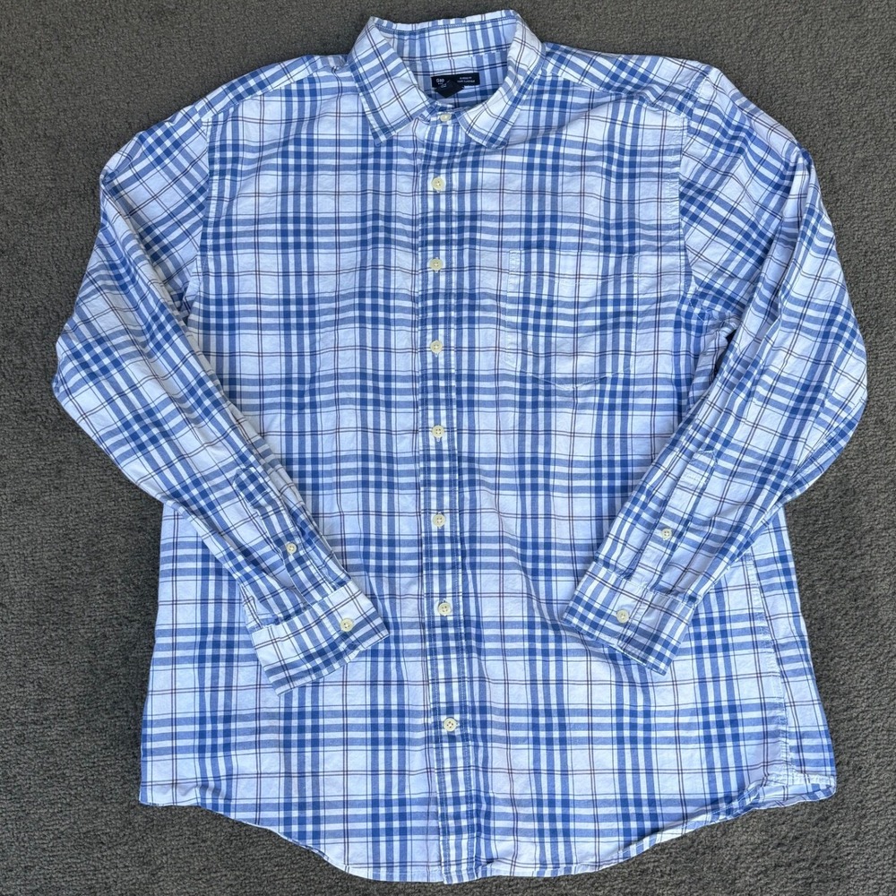 Gap Classic Fit Mens XL Blue White Plaid Long Sleeve Button Down Cotton Shirt
